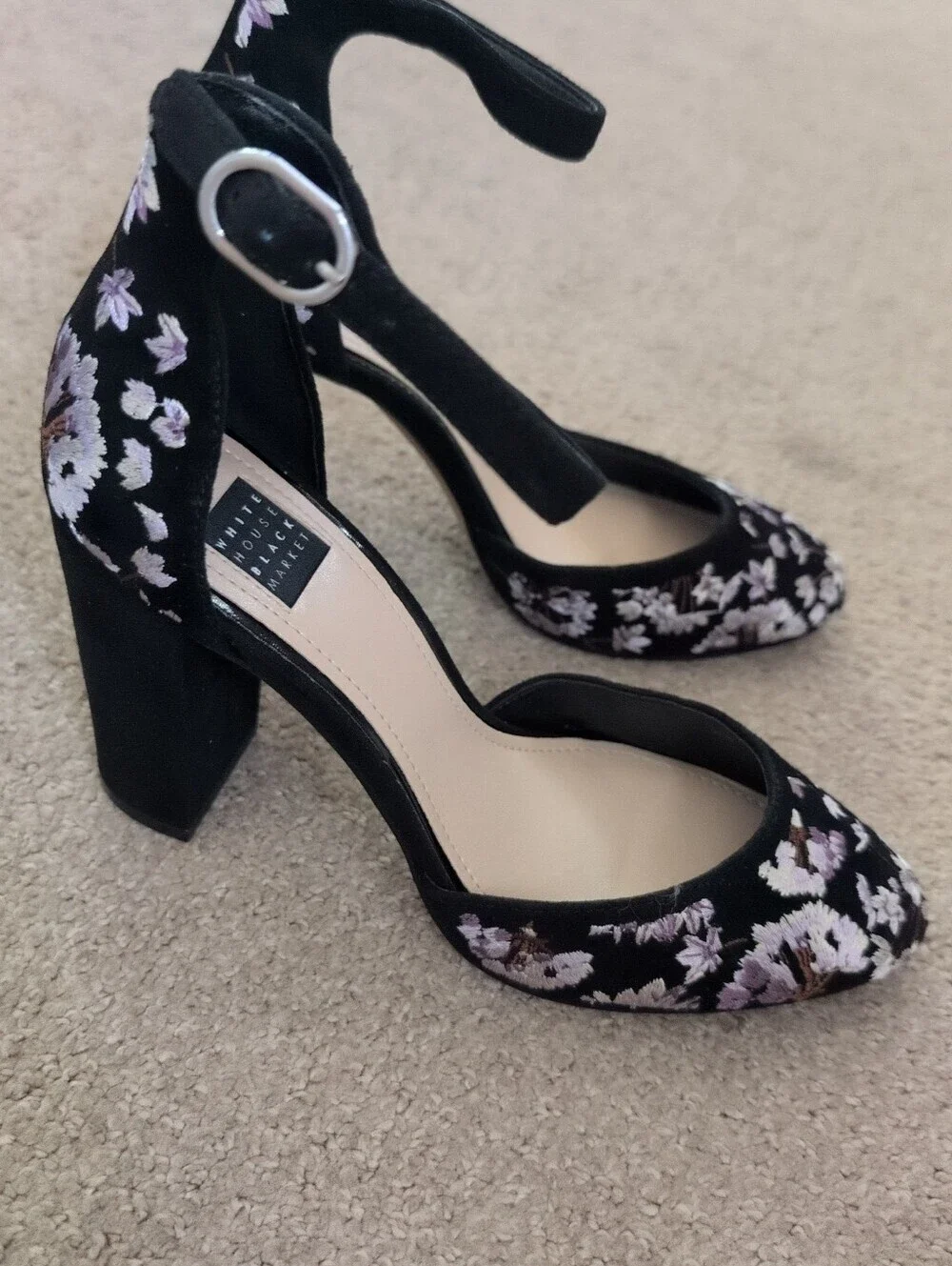 White House Black Market Embroidered Floral Suede Chunky Strapped Heels